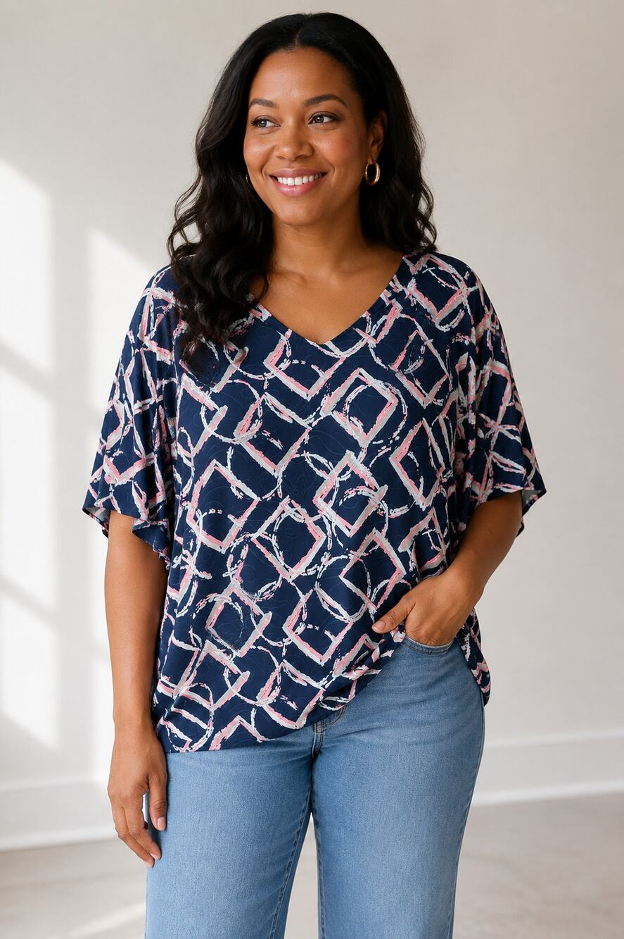 JM Collection Woman Top 1X Navy Coral Abstract Geometric Textured Stretch Blouse